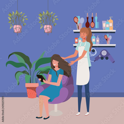 stylist fixing hair to client in the salon characters