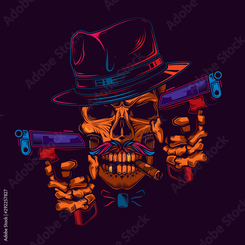 Original neon vector illustration of a gangster skull in a hat with a cigar in his teeth, with two guns in his hands