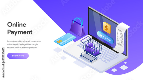 Mobile payment or money transfer with laptop concept. E-commerce market shopping online Isometric illustration. Template for web landing page, banner, presentation, social media, print media