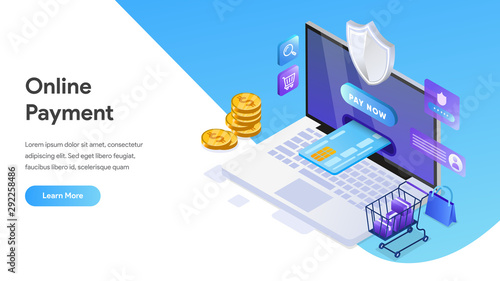 Mobile payment or money transfer with laptop concept. E-commerce market shopping online Isometric illustration. Template for web landing page, banner, presentation, social media, print media