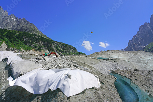 View of the Mer de Glace, a landmark valley glacier in the Massif du Mont Blanc rapidly shrinking due to global warming