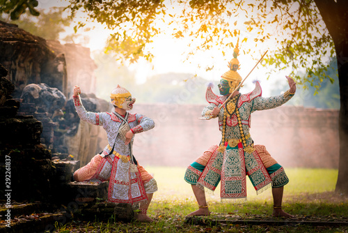 Khon is art culture Thailand Dancing in masked Tos-sa-kan and Hanuman are fighting in literature Ramayana. Khon is thailand culture and traditional.