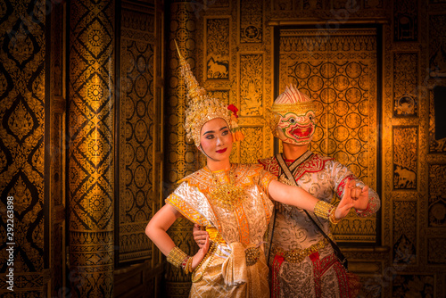 Khon is art culture Thailand Dancing in masked Hanuman and Suvannamaccha are lovers showing in literature Ramayana.Khon is thailand culture and traditional.