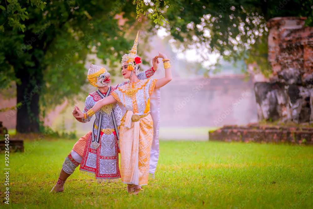 Khon is art culture Thailand Dancing in masked  Hanuman and Suvannamaccha are lovers showing in literature Ramayana.Khon is thailand culture and traditional.