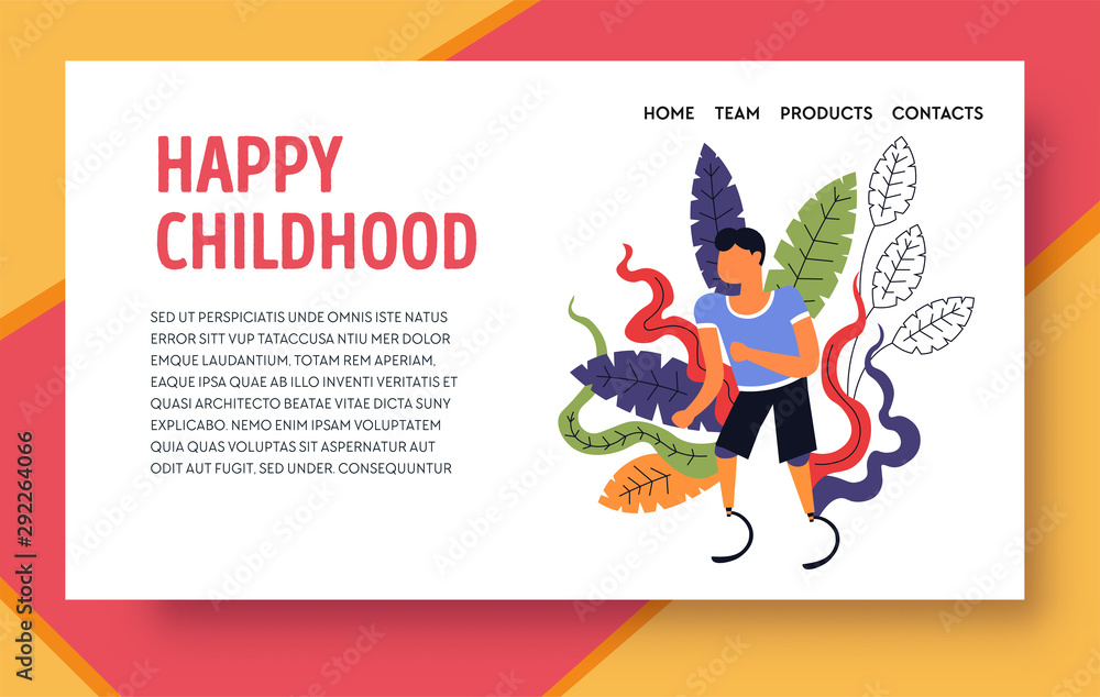 Happy childhood, kid with prosthesis landing web page Happy childhood, kid with prosthesis landing web page