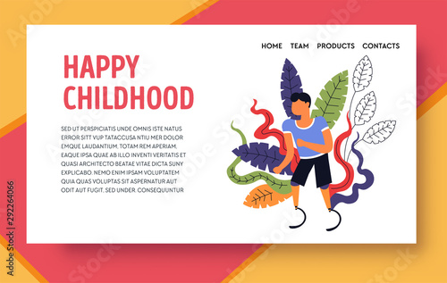 Happy childhood, kid with prosthesis landing web page