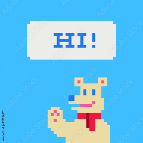 Fanny dog waving paw character. Pixel art poster. Flat style. Dog head. Logo design template pet shop, veterinary clinics and animal shelters homeless. Isolated vector illustration.