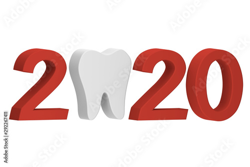 Happy New Year or Merry Christmas 2020, tooth with number isolated on white - dental cartoon 3d render flat style