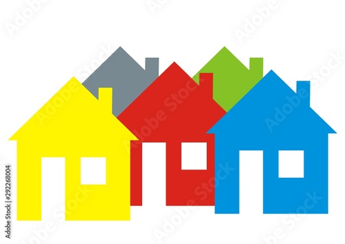 Five colors houses, vector icon. Several differently colored houses.