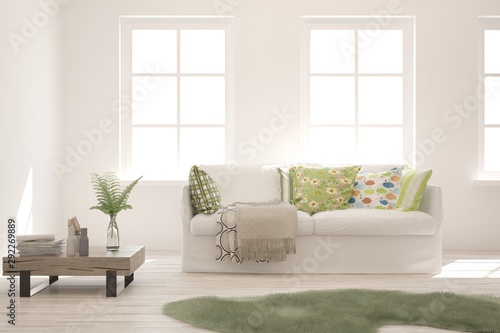 Stylish room in white color with sofa. Scandinavian interior design. 3D illustration