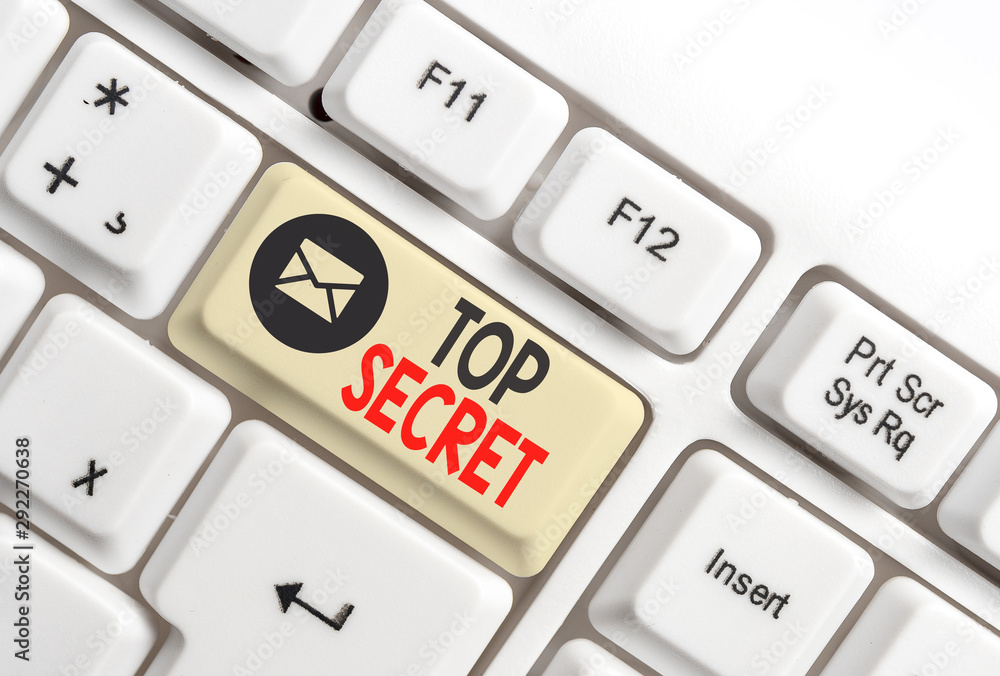 Word writing text Top Secret. Business photo showcasing telling someone important data or information that he cant tell White pc keyboard with empty note paper above white background key copy space