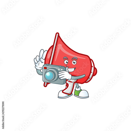Photographer red loudspeaker mascot on white background