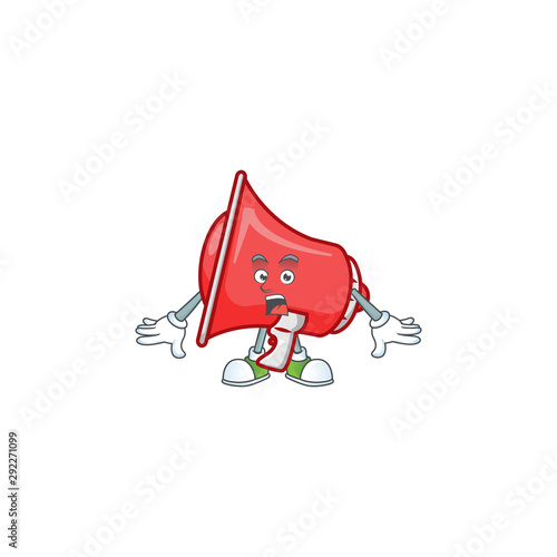 Surprised red loudspeaker mascot on white background