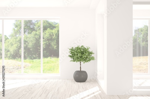 Stylish empty room in white color with summer landscape in window. Scandinavian interior design. 3D illustration