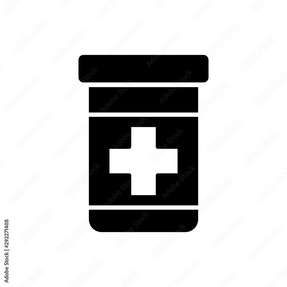 Obraz premium Medicine bottle and pills. Black and white icon vector