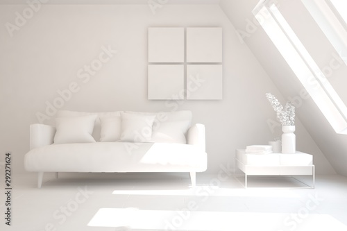 Mock up of stylish room in white color with sofa. Scandinavian interior design. 3D illustration