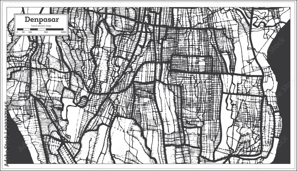 Denpasar Indonesia City Map in Black and White Color. Outline Map.