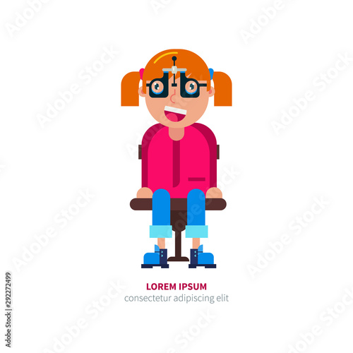Girl in glasses checks eyesight vector illustration.