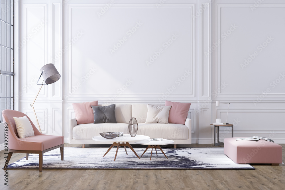 Decorative background for home, office and hotel. Modern interior design  living room sofa and modern interior details on the background of a white  classic wall. Stock Illustration | Adobe Stock