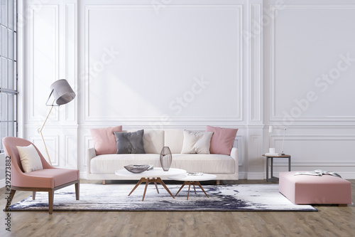 Decorative background for home, office and hotel. Modern interior design living room sofa and modern interior details on the background of a white classic wall.