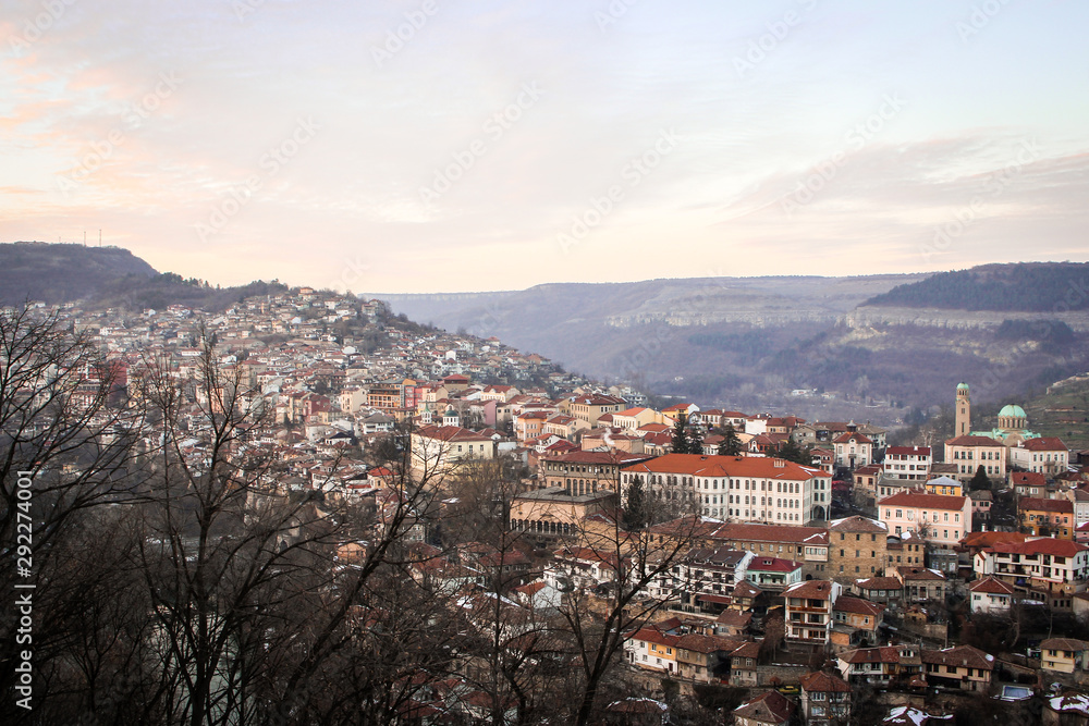 Image of Veliko Tarnovo from hill top. A town is located on the Yantra River and is known as the historical capital of the Second Bulgarian Kingdom, attracting many people with its unique architecture