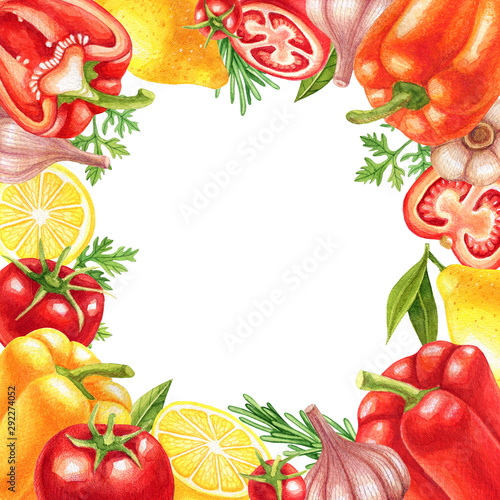 Watercolor vegetables background with herbs, fruits and vegetables