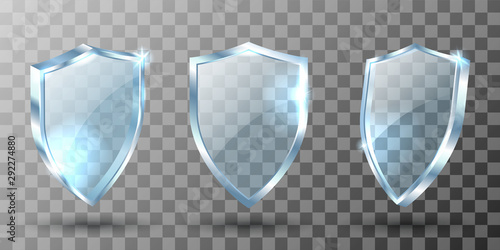 Glass shield realistic vector illustrations. Blank transparent blue acrylic glass panel with reflection and glow, award trophy or certificate template, front side view isolated on checkered background