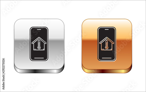 Black Mobile phone with house temperature icon isolated on white background. Thermometer icon. Silver-gold square button. Vector Illustration