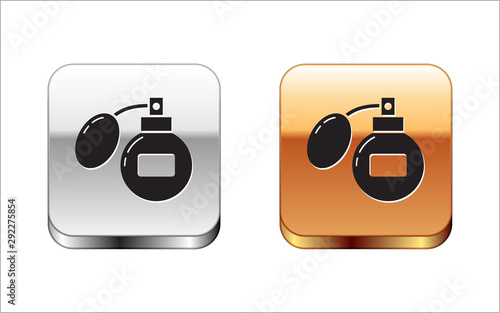 Black Aftershave icon isolated on white background. Cologne spray icon. Male perfume bottle. Silver-gold square button. Vector Illustration