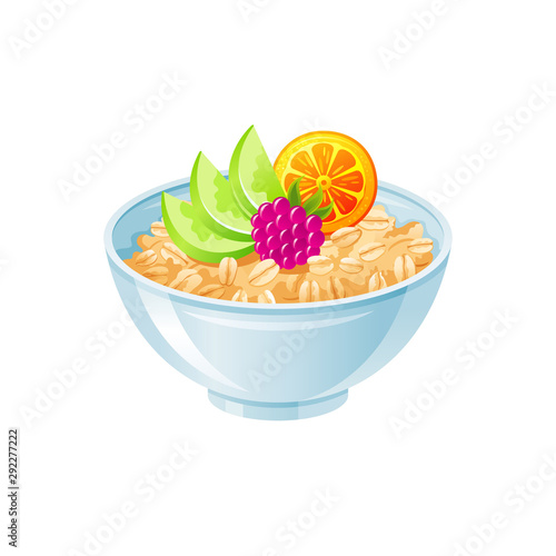 Oats bowl. Sweet oatmeal with berry, fruit. Healthy breakfast cup, oat meal porridge with orange, apple. 3d icon. Cartoon muesli, flake food. Vector design illustration isolated white background
