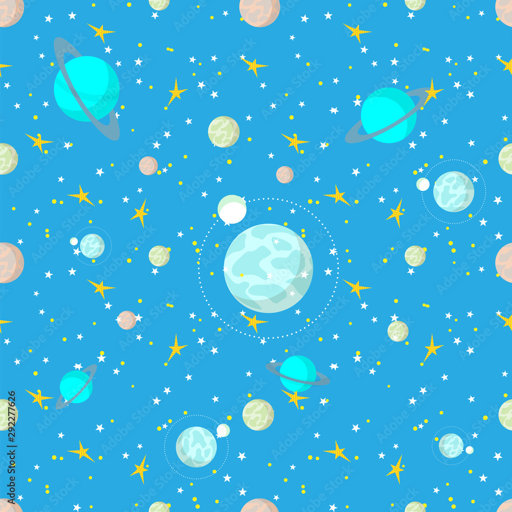 Seamless pattern starry sky light with planets, comets, constellations and stars