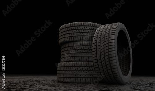 3D car tires stand in the dark © evastud