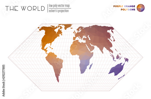 Triangular mesh of the world. Eckert II projection of the world. Purple Orange colored polygons. Amazing vector illustration.