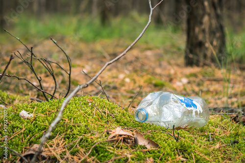 Garbage in the forest, empty plastic bottle lying on the forest undergrowth.
