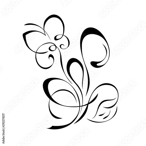 decorative abstract flower on a stem with curls and with one leaf in black lines on a white background