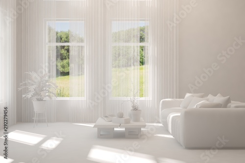 Mock up of stylish room in white color with sofa and green landscape in window. Scandinavian interior design. 3D illustration © AntonSh