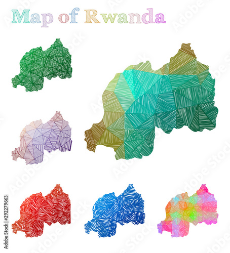 Hand-drawn map of Rwanda. Colorful country shape. Sketchy Rwanda maps collection. Vector illustration.