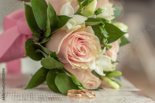 Greeting card wedding bouquet and rings