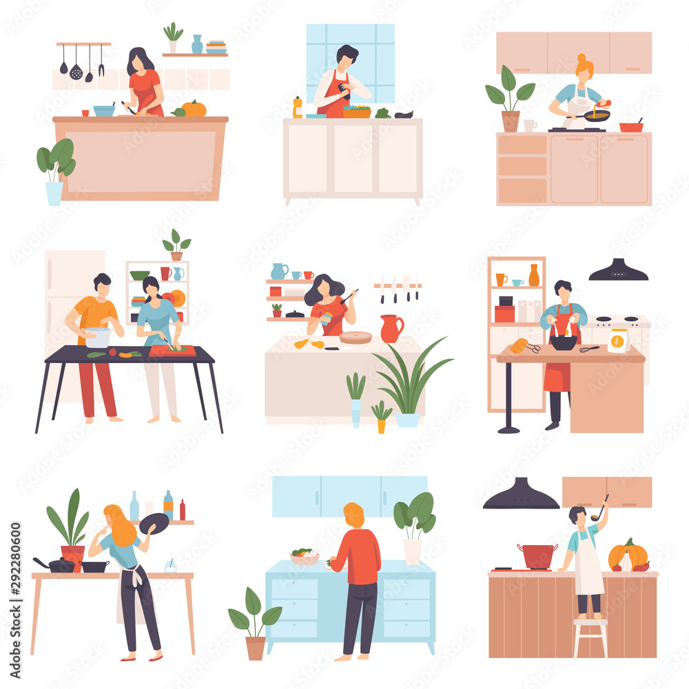 Set of images of people in the kitchen. Vector illustration. Set of images of people in the kitchen. Vector illustration.
