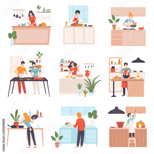 Set of images of people in the kitchen. Vector illustration.
