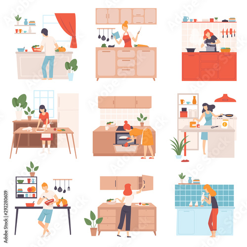 Set of images of cooking people. Vector illustration.