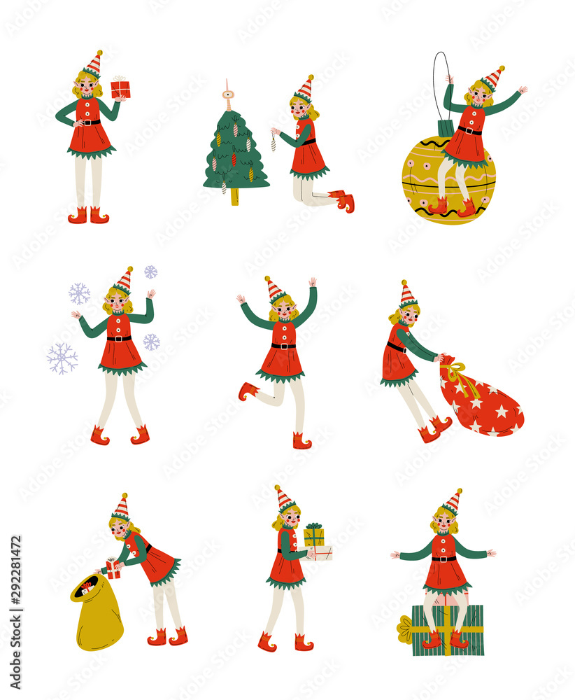 Christmas Elf Characters Set, Cute Girls Santa Claus Helpers with Gift Boxes Vector Illustration