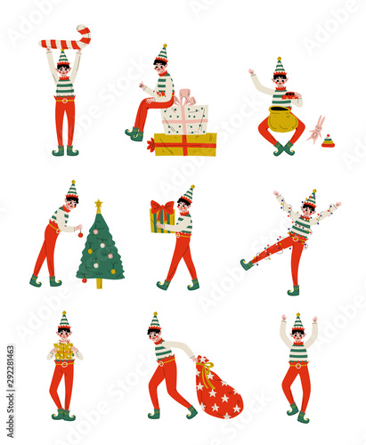 Christmas Elf Characters Set, Cute Boys Santa Claus Helpers with Gift Boxes Vector Illustration