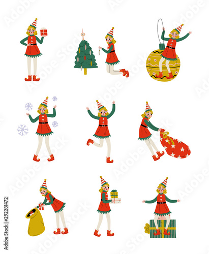 Christmas Elf Characters Set, Cute Girls Santa Claus Helpers with Gift Boxes Vector Illustration