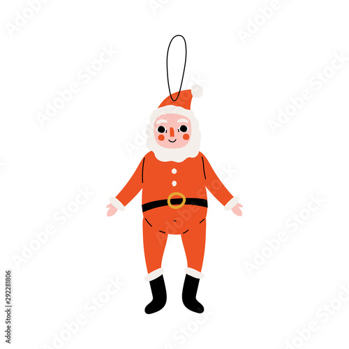 Santa Claus Traditional Christmas Decoration, New Year Symbol Hanging on Ribbon Vector Illustration