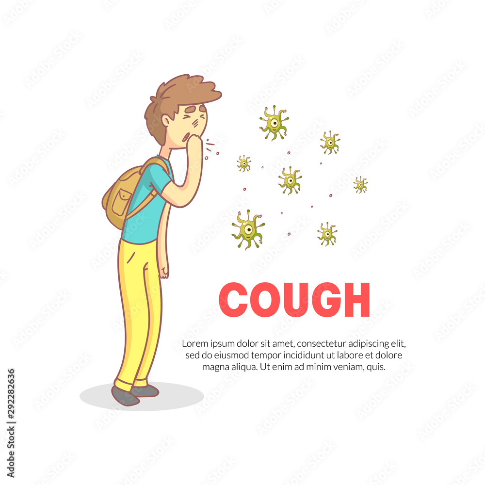 Cough Banner with Space for Text, Teenage Boy Coughing with Fist in Front of His Mouth Vector Illustration Cough Banner with Space for Text, Teenage Boy Coughing with Fist in Front of His Mouth Vector Illustration