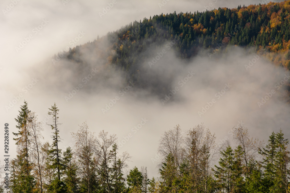 Autumn season in the Ukrainian Carpathian Mountains with beautiful fogs and fantastic views