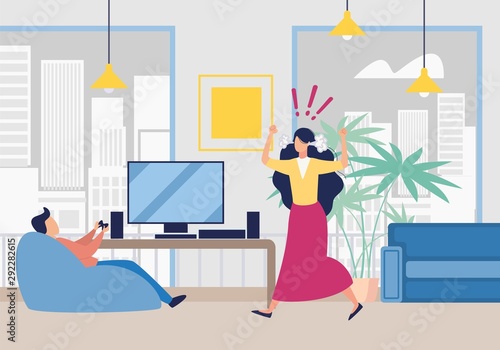 Angry Wife Shouting on Husband Playing Video Game