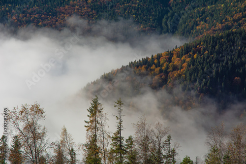 Autumn season in the Ukrainian Carpathian Mountains with beautiful fogs and fantastic views