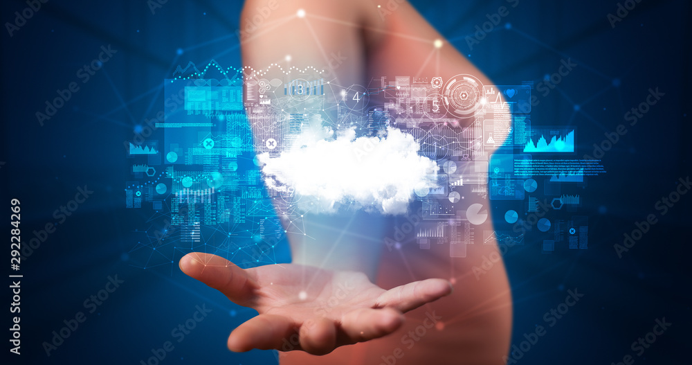 Person holding hologram screen displaying information from cloud based system Person holding hologram screen displaying information from cloud based system